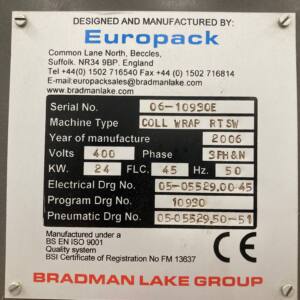 Bradman Lake Europak 5 Collator Tray Shrink Wrapping Machine (Year 2006)